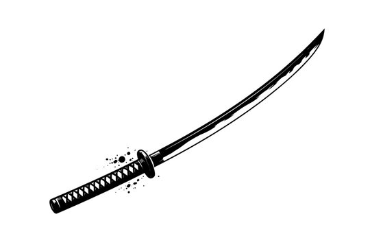Minimalist katana ink illustration in high contrast black and white, traditional Japanese samurai sword with sharp blade and detailed hilt, vector art for graphic design and martial arts projects.