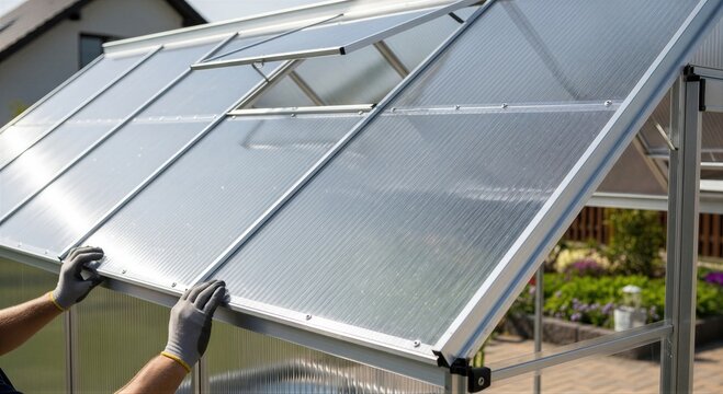 Man assembling glass greenhouse panel in garden. Worker installing metal frame and polycarbonate roof for home agricultural shed. diy project, construction of outdoor plant shelter.