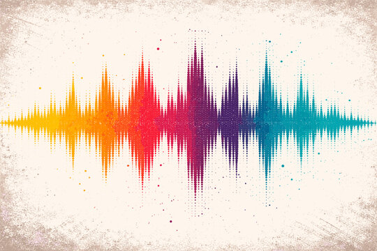 Retro Grunge Sound Wave Pattern with Audio Equalizer Halftone Design and Pulse Effect. Colorful Rainbow Gradient Music Frequency Signal on Distressed Vintage Textured Background Vector Illustration