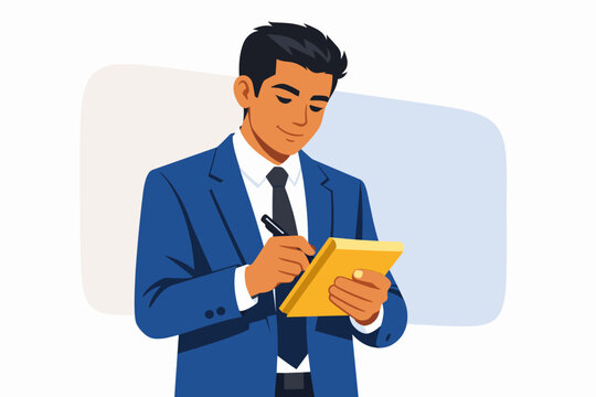 Young Hispanic Male Professional Businessman in Elegant Blue Suit and Tie Writing Notes on Yellow Notepad with Pen, Successful Corporate Career Concept, Simple Flat Vector Illustration.