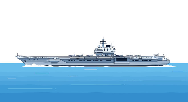 A large gray aircraft carrier sails across blue water with several small planes parked on its long flat deck against a clean and bright white background.