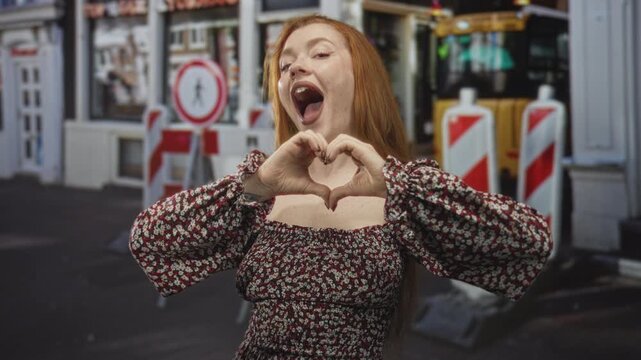 Redhead woman points both fingers at camera with open mouth smile, hands visible, standing by red white barricades and pedestrian sign on a city street; playful joy.