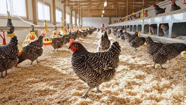 Barred Plymouth Rock chickens in a modern poultry house with wood shavings
