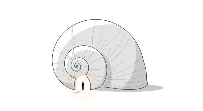 Small human figure stands before the arched entrance of a giant white spiral shell while warm golden light emanates from the interior in a clean design.