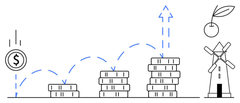 Financial planning, investment strategy, economic growth, sustainability, business development, renewable energy. Stacks of coins with arrows and a windmill icon. Financial planning and economic