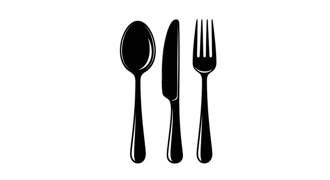 Black silhouette of fork, knife, and spoon on white background
