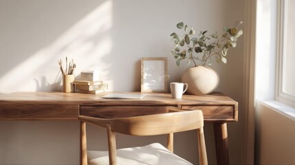 Fototapeta premium Wooden desk in a corner of a room with a window on the right side. the desk is made of light-colored wood and has a small drawer on the left side.