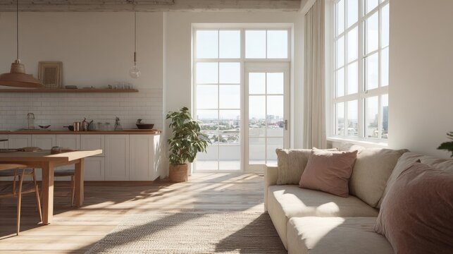 Modern living room with a large window on the right side. the window has white curtains and offers a view of the city.
