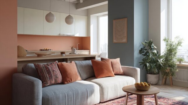 Modern living room with a large window on the right side. the window has a view of the city skyline. on the left side of the room, there is a kitchen with white cabinets and a wooden countertop.