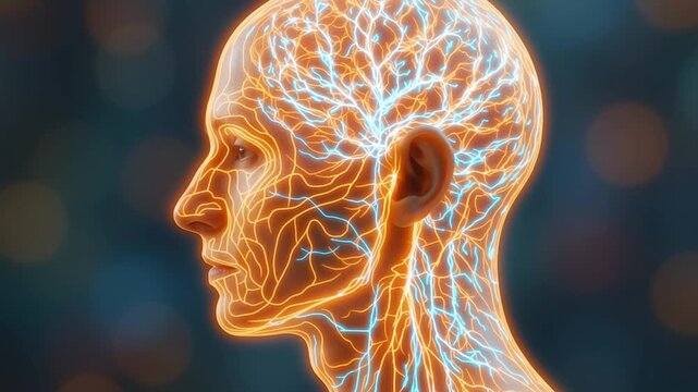 Side profile of a translucent human head and neck with glowing orange and electric blue neural filaments branching across the skull and down the cervical region, set against a soft bokeh background