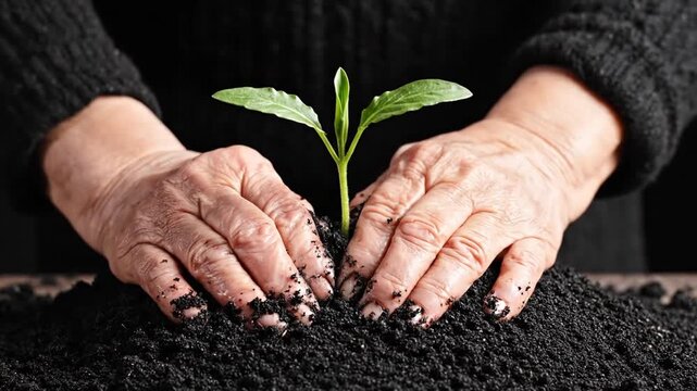 Nurturing Life's Beginnings: A tender embrace of aged hands nurturing a delicate seedling, symbolizing growth, care, and the enduring connection to nature.