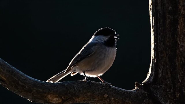 Chickadee Perched in the Shade: A small, fluffy chickadee finds solace on a shadowed tree branch, its delicate form illuminated by a subtle, ambient light. Capturing nature's simple beauty.