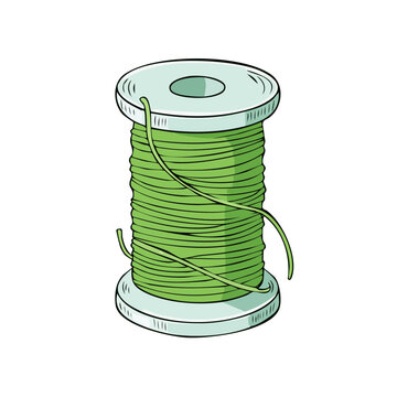 Green thread wound around a spool for sewing and crafting supplies
