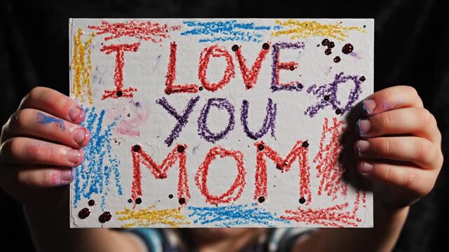 A Child's Heartfelt Message: A child proudly displays a handmade card expressing unconditional love for their mother. Capturing a precious moment of affection and appreciation.
