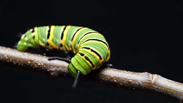 Vibrant Caterpillar on Branch: A vivid display of nature's beauty unfolds as a colorful caterpillar delicately clings to a slender branch, showcasing its intricate patterns.