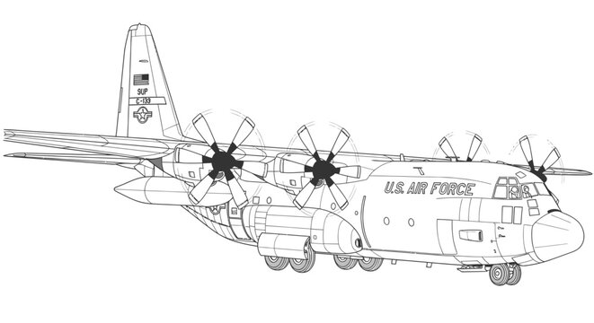 US Air Force C-130 Hercules military transport aircraft, line drawing vector illustration
