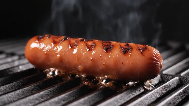 Sizzling Sausage on Grill: An inviting close-up shot of a perfectly grilled sausage, its exterior beautifully browned with enticing grill marks. the savory aromas waft through the air.