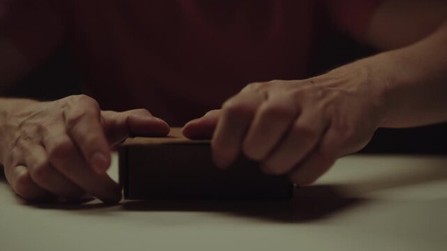 Person unpacking new charging adapter from box, revealing power supply and cable. Close-up hands of unrecognizable person unboxing and setting up an electronic device on desk. Shooting in slow motion.