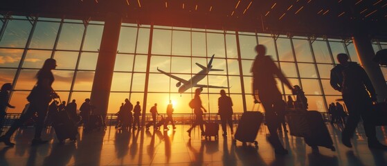 Silhouetted passengers with luggage walking through a blurred airport terminal at sunset, with an airplane taking off visible through large glass windows