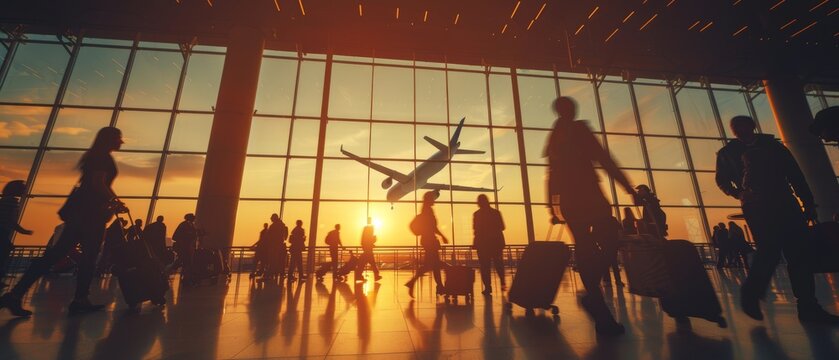 Silhouetted passengers with luggage walking through a blurred airport terminal at sunset, with an airplane taking off visible through large glass windows