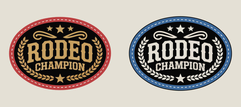 Rodeo champion cowboy label belt buckle vector design, old west oval emblem with vintage western style for ranch branding, apparel graphics, retro badge, and rustic signage