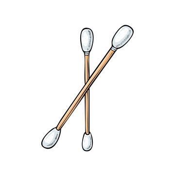 Two Crossed Cotton Swabs with Wooden Handles on a White Background
