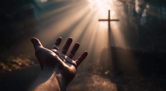 Hand reaching toward glowing cross in radiant light beams; cinematic spiritual style, faith and hope concept, ideal for religion, inspiration, worship, charity campaigns and editorial storytelling
