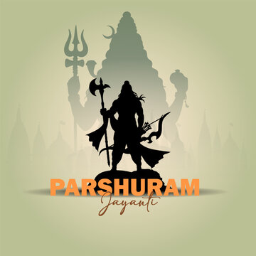  Parshuram Jayanti illustration: silhouette with axe and bow, shadow of Shiva with trishula and damsru, on a grey-green background