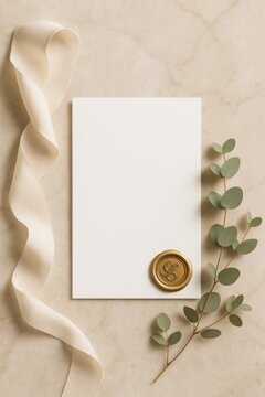 Wei&szlig;e Blankokarte auf hellem Marmor mit cremefarbenem Satinband Eukalyptuszweig und goldenem Wachssiegel als elegantes Mockup Generative KI