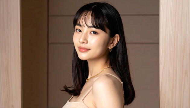 Beautiful young Asian woman with dark hair and gentle smile in soft light.