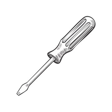 Hand drawn sketch of a flathead screwdriver tool with striped handle isolated on white
