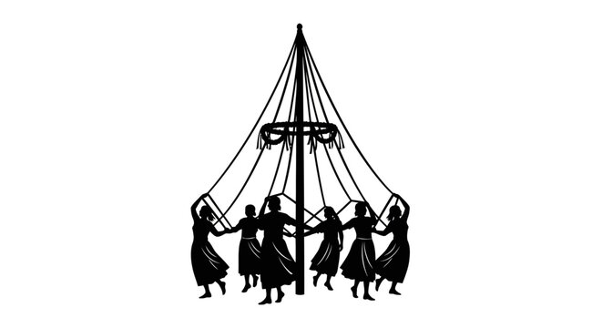 May Day Black silhouette dancers, traditional folk dance, hanging ropes, minimalist vector icon, cultural performance Vector