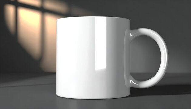 Clean white ceramic mug on dark surface with natural window light