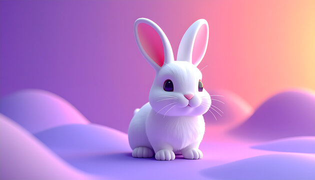Cute fluffy white bunny sitting on abstract purple background with soft light