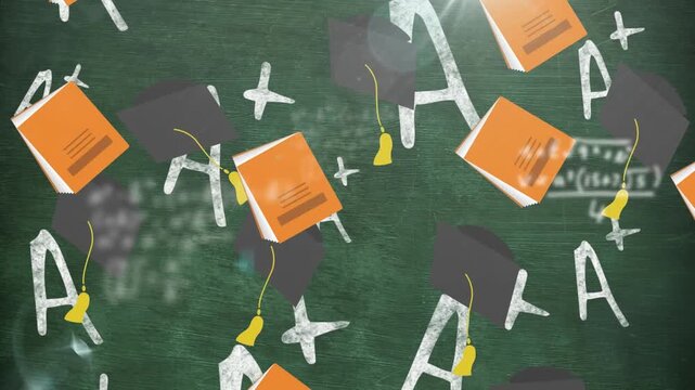 Multiple book and graduation hat icons falling against mathematical equations on black background