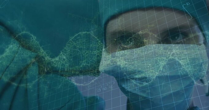 Animation of waves and math formulas over caucasian female surgeon in face mask