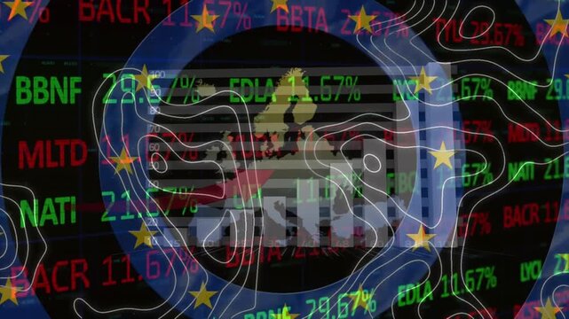 Animation of circles with eu flag over europe and data processing