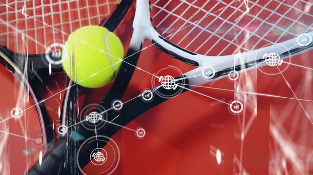 Animation of network of connection with people icons over tennis rackets and ball