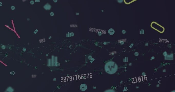 Animation of letters, numbers, icons and connections moving on black background