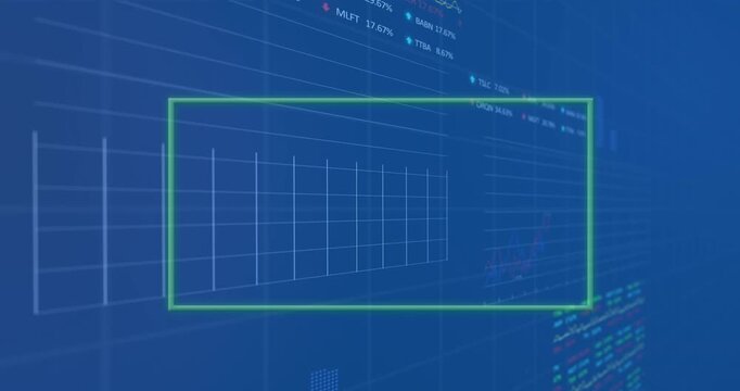 Animation of neon frame over data processing on blue background