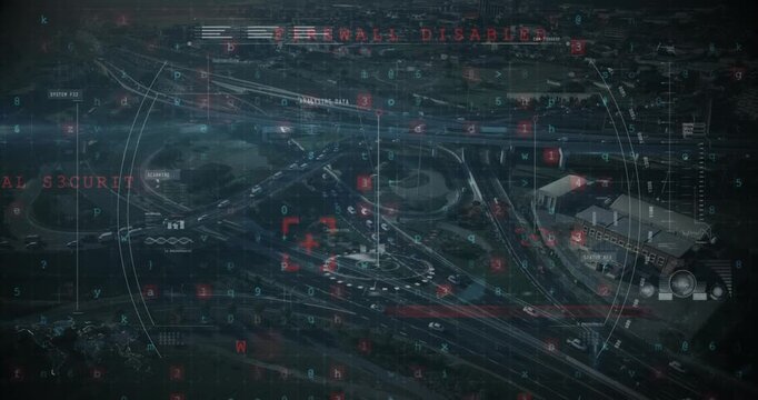 Animation of scanning warning over data processing and cityscape