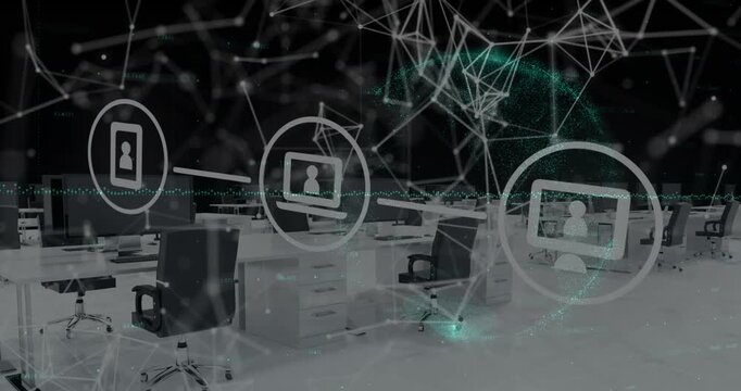Animation of tech icons, network of connections and office desks on black background