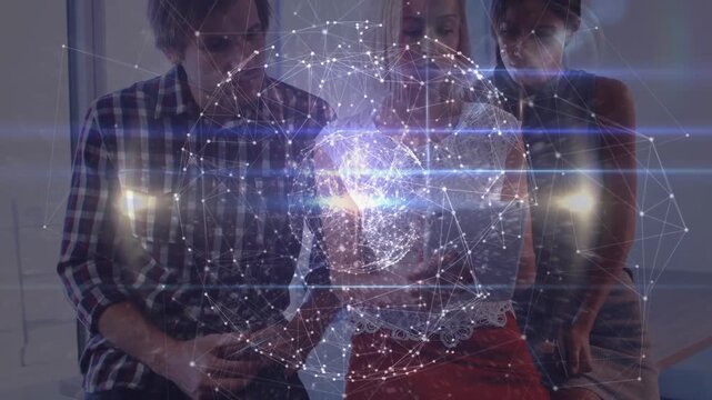 Animation of globe with connections over diverse businesspeople in office