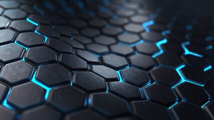 Fototapeta premium Metallic hexagonal pattern with blue glow. Artificial intelligence image