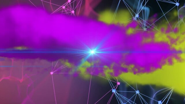 Animation of purple and yellow clouds and blue light spot against network of connections