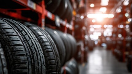 Fototapeta premium Wide Banner for Tire Shop Featuring New Tires in a Clean Fitting Service Location With Ample Space for Promotional Text