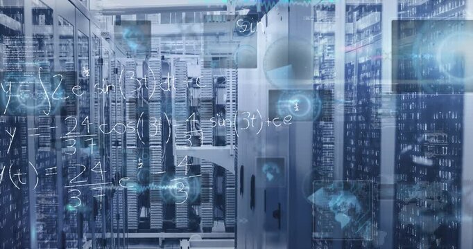 Animation of mathematical equations and data processing against empty computer server room
