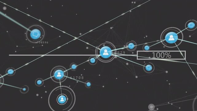 Animation of loading bar and icons connecting with lines moving on black background
