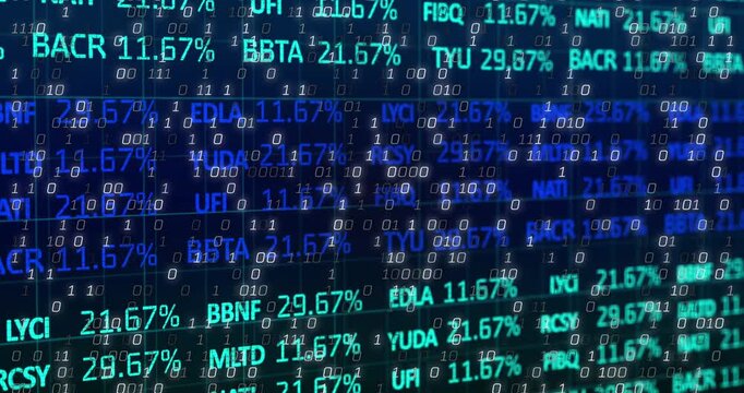 Animation of binary coding and stock market data processing against blue background