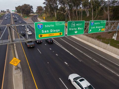 Aerial View of Interstate 5 and Highway 78 Directional Signs for San Diego and Los Angeles in Oceanside
